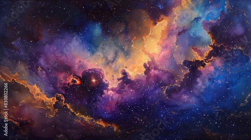 Craft a watercolor masterpiece of an expansive astro photograph showcasing a panoramic view of a glittering galaxy Use soft blends and intricate brush strokes to evoke a sense of w