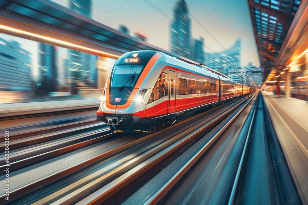 Fototapeta premium A train is traveling down a track with a city in the background