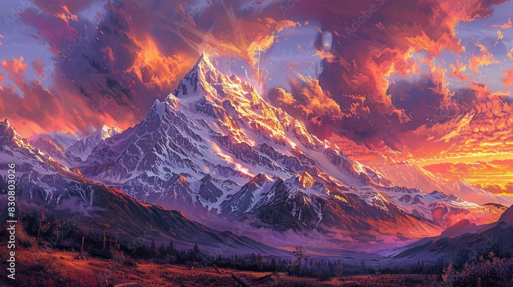 Illustrate a majestic mountain peak under a sky ablaze with the colors of dawn, evoking a sense of exhilarating exploration