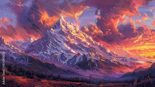 Illustrate a majestic mountain peak under a sky ablaze with the colors of dawn, evoking a sense of exhilarating exploration photo