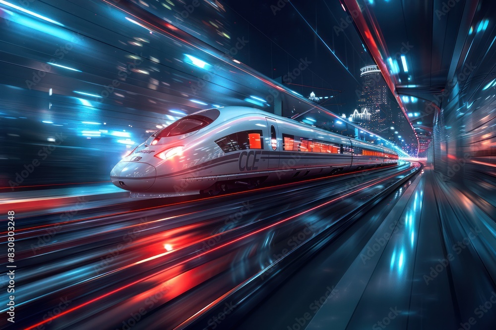 A train is speeding through a tunnel with a bright blue background A train is speeding through a tunnel with a bright blue background