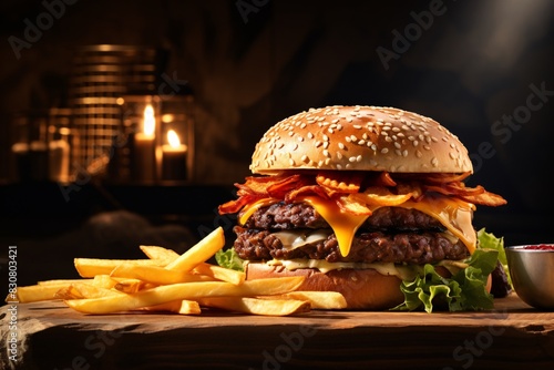 a burger and fries on a table photo