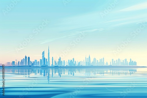 a city skyline with water in the background
