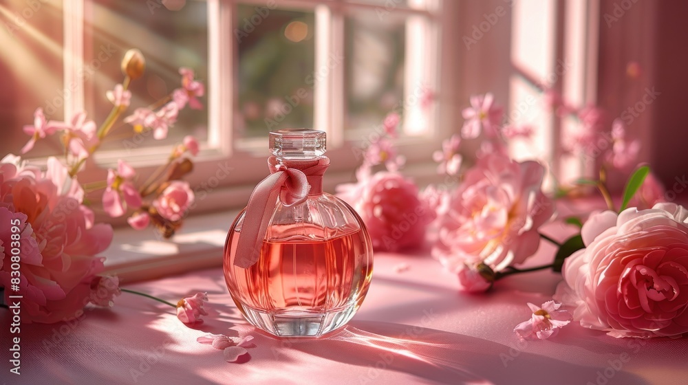 Perfume bottle on pink background with copy space Perfume bottle on pink background with copy space