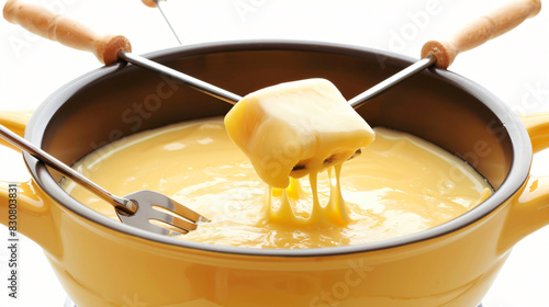 Pot of tasty cheese fondue and forks isolated on white