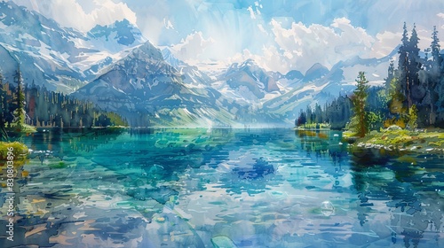 Showcase the serene beauty of a crystal-clear alpine lake surrounded by snow-capped peaks