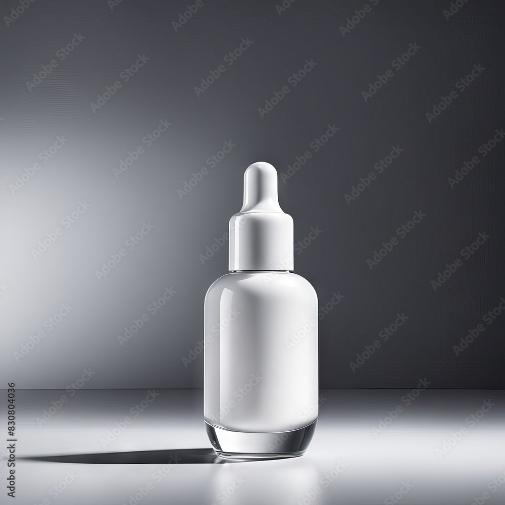 White bottle with serum on grey background. Glass packaging for cosmetic beauty product, essential aroma oil. Skin care, hydration and nutrition with collagen. AI Generative White bottle with serum on grey background. Glass packaging for cosmetic beauty product, essential aroma oil. Skin care, hydration and nutrition with collagen. AI Generative