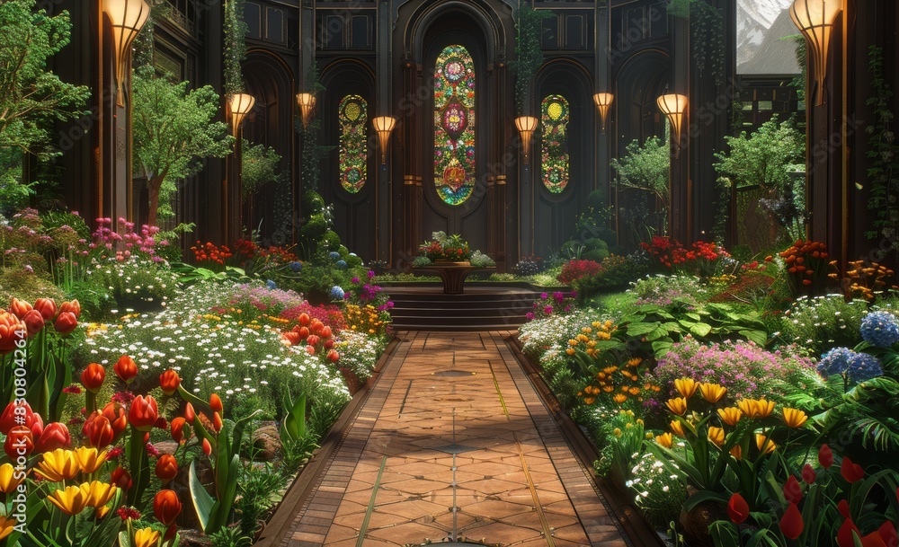 Obraz premium A fantastical garden where the flowers have expressive faces and the butterflies are made of stained glass and podium netural