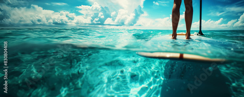 Close up of a woman s legs on a paddleboard or standup surfboard in a tropical ocean  with a blue sky and water background and space for copy text.