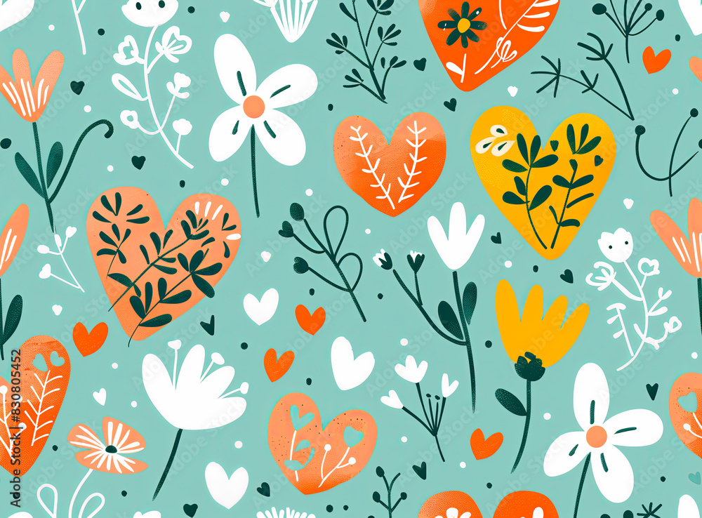 Obraz premium Seamless floral pattern with hand-drawn flowers and hearts on a turquoise background. Colorful botanical design with whimsical elements, perfect for textiles, wallpapers, and wrapping paper.