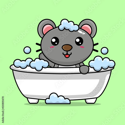 Vector cartoon cute mouse bathing in bathtub filled with foam