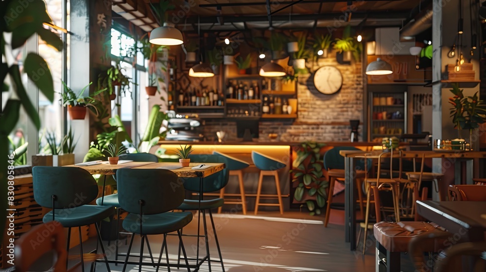 Fototapeta premium Seat and wooden counter with coffee equipment on counter bar and wooden shelf on rough cement wall. design for cafe or home