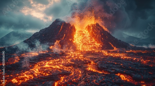 Close-up view of a volcanic eruption with molten lava spewing against a dark sky filled with smoke
