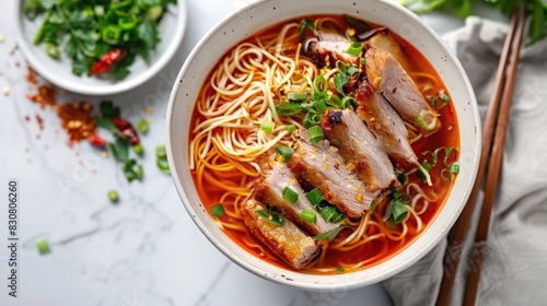 Noodle soup with roasted pork in a red sauce