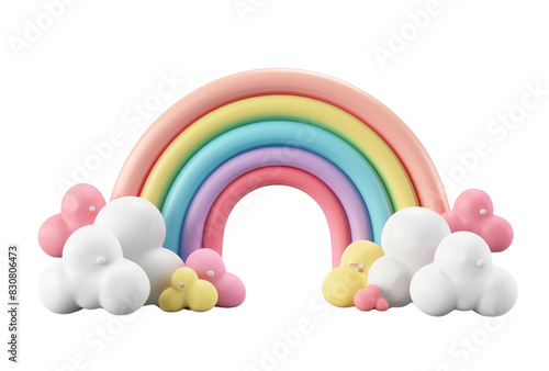 3D cartoon render of a rainbow with clouds isolated on a white background © EnelEva