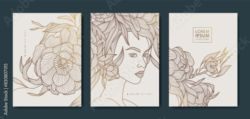 Vector set of woman line art covers, beauty design portrait with flowers. Lady fashion illustration, Japanese style pattern.