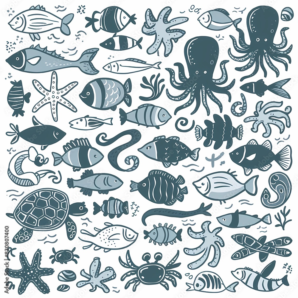 seamless pattern with fish and sea animals background