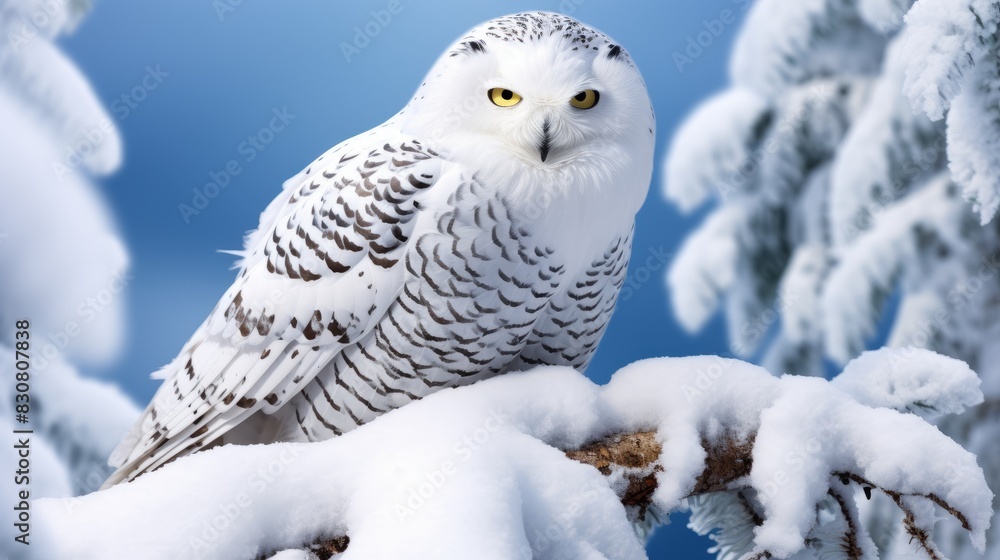Majestic Snowy Owl Perched on Snow-Covered Branch in Winter Forest Majestic Snowy Owl Perched on Snow-Covered Branch in Winter Forest