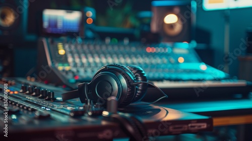 A black headphone sits on a sound board with a number of knobs and buttons photo