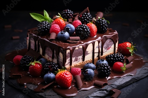 a cake with chocolate frosting and berries