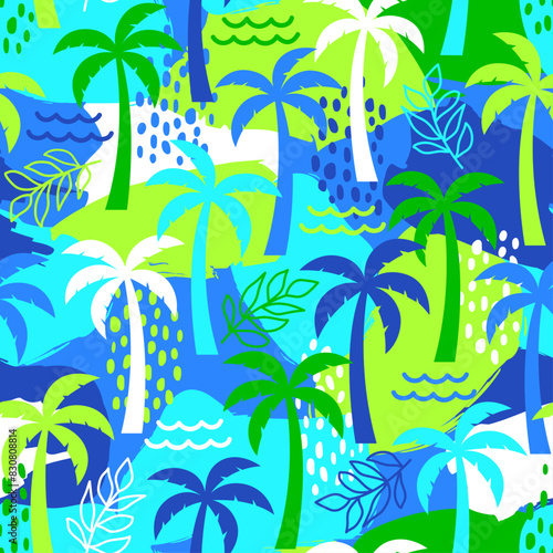 Hand drawn palm tree with brushed background seamless pattern design for summer holidays concept.