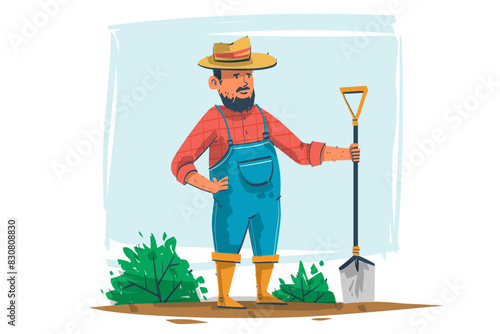 Farm workers. Hand drawn cartoon of farmer with farm equipment. Vector illustration of gardening concept and working people © kuliation
