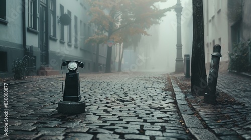 A black phone booth is on a cobblestone street