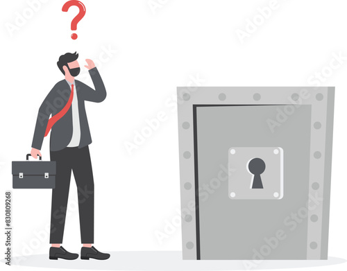 Confused businessman how key to unlock metal door. business decision concept.
