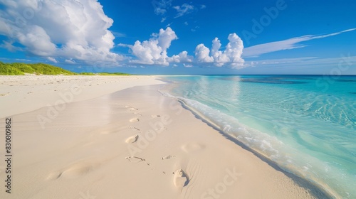 A pristine, white sandy beach with footprints trail along the shore, leading away from lush greenery in the distance