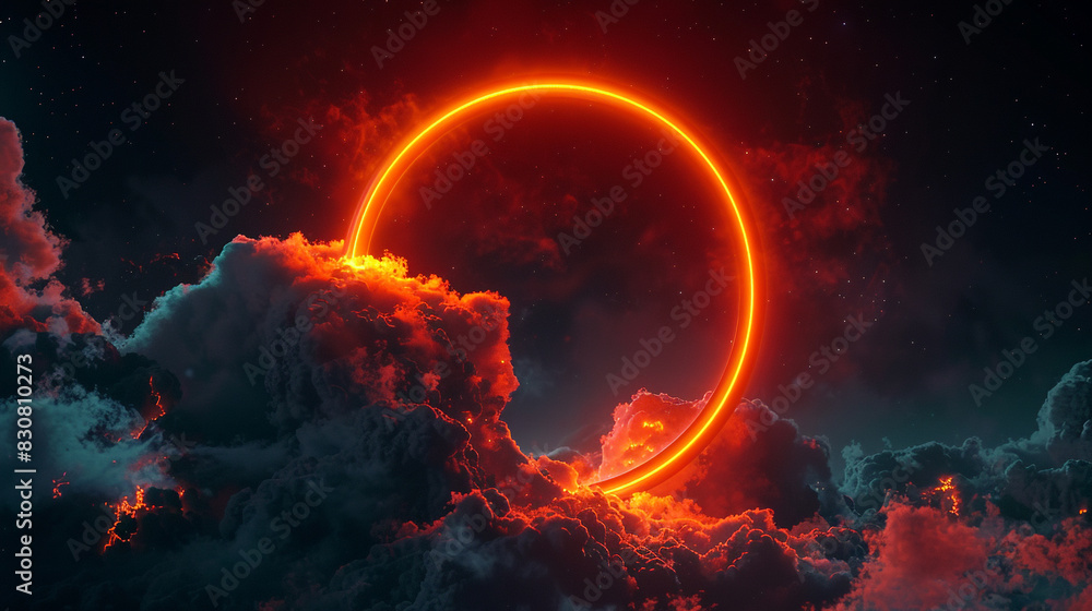 Obraz premium Orange-red neon ring casts a warm glow on a swirling cloud in a dark 3D night sky,