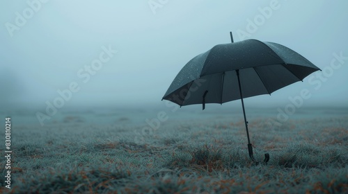 A black umbrella is sitting on a wet grassy area near a body of water