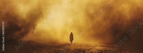 A silhouette of a person walking through a dust storm in a barren land.