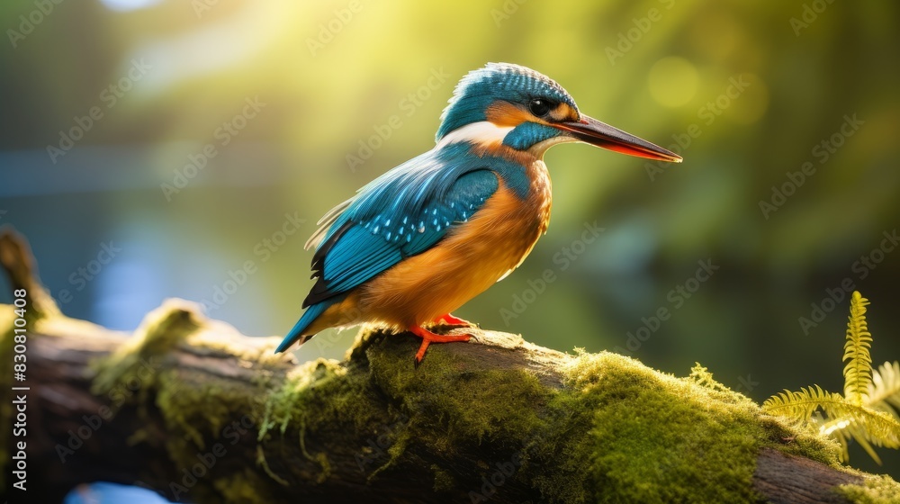 Fototapeta premium Vibrant Kingfisher Perched Over Clear Stream in Forested Habitat