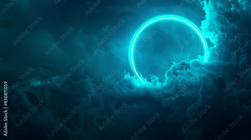 Abstract cloud-filled dark sky under a glowing turquoise neon in a 3D frame, Abstract cloud-filled dark sky under a glowing turquoise neon in a 3D frame,