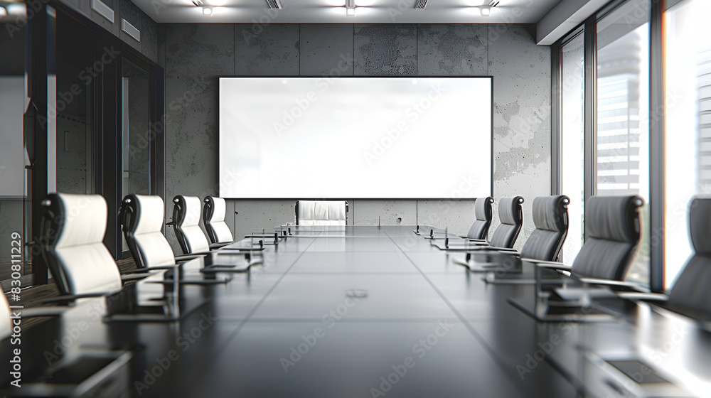 Blank Screen in a Meeting Room With a Dark Desk and Chairs. Blank Screen in a Meeting Room With a Dark Desk and Chairs.