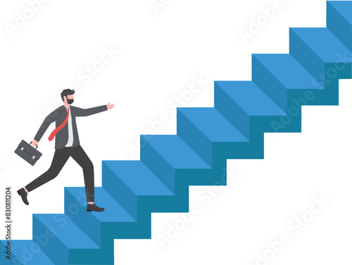 Businessman is climbing career ladder. Concept development. Vector illustration flat design. Isolated on background. Step by step.

