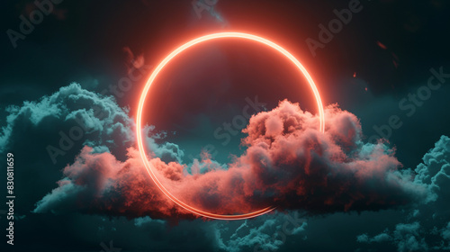 Swirling clouds in a dark sky highlighted by a bright peach neon ring, 3D landscape,