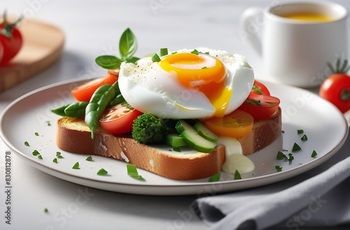 Poached egg on toast with vegetables on a white plate on a light kitchen table