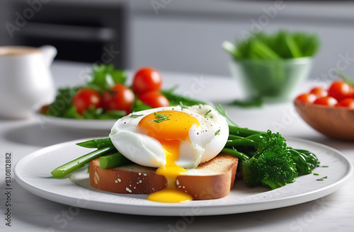 Poached egg on toast with vegetables and salad on a grey kitchen table