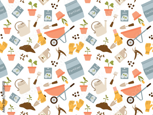 Gardening tools and flowers seamless pattern. background with rubber boots, seedlings, tulips