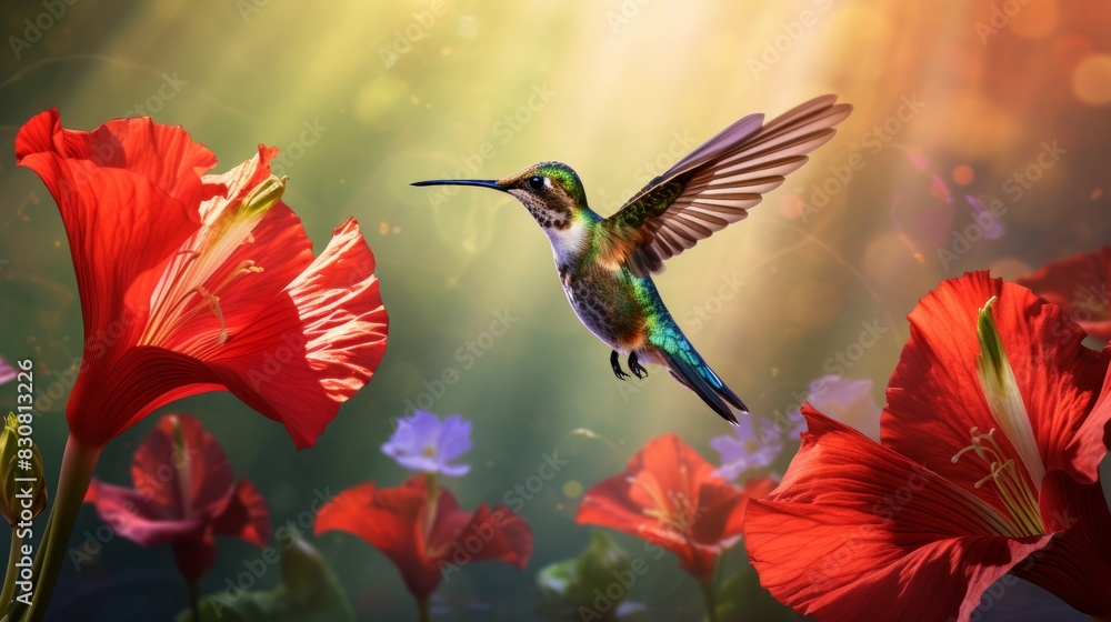 Fototapeta premium Vibrant Hummingbird Dancing with Red Hibiscus in a Lush Tropical Garden - Exquisite Wildlife Photography