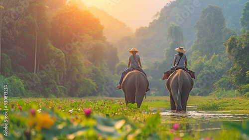 Travellers experiencing elephant trekking in Thailand photo