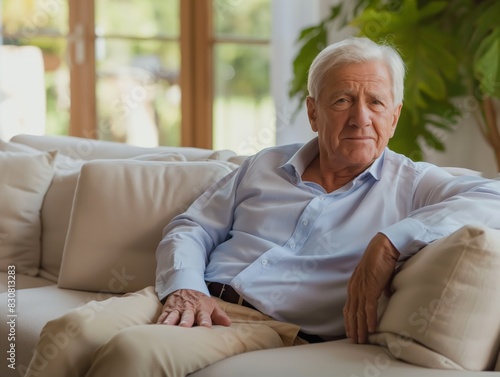 An elderly man with white hair sits comfortably on a beige sofa, wearing a light blue shirt and beige pants. The background features large windows and green plants. © cherezoff