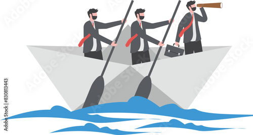 Businessman with spyglass lead business team sailing on paper boat in the ocean

