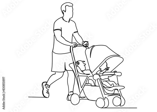 continuous single drawn one line of dad on a walk with two children in a stroller painted by hand picture silhouette. Line art. a man with a stroller
