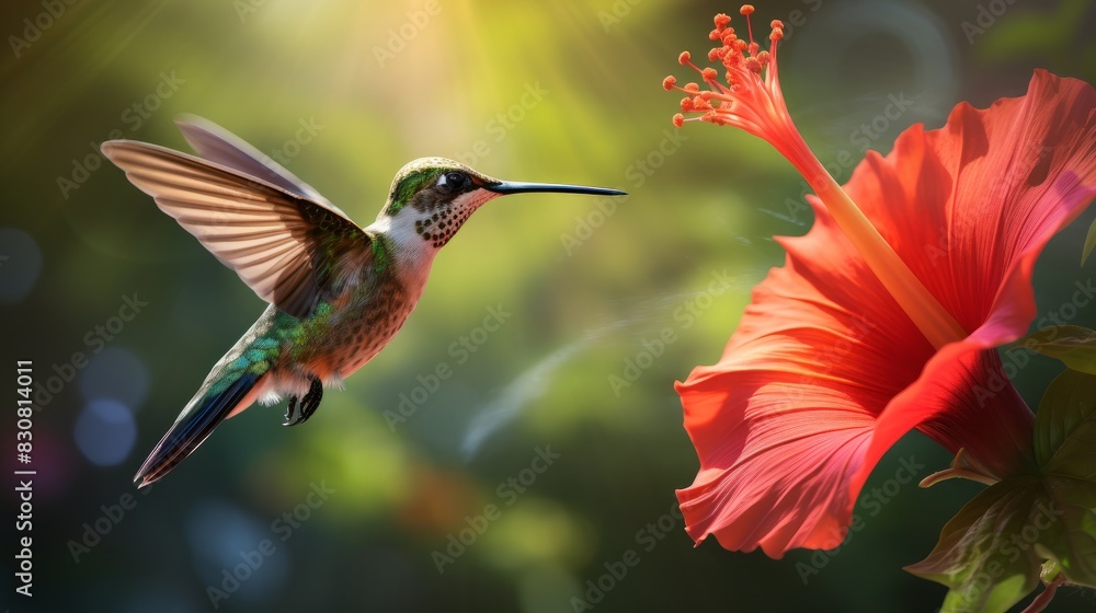 Delicate Hummingbird Hovering Near Red Hibiscus Flower in Tropical Garden Delicate Hummingbird Hovering Near Red Hibiscus Flower in Tropical Garden