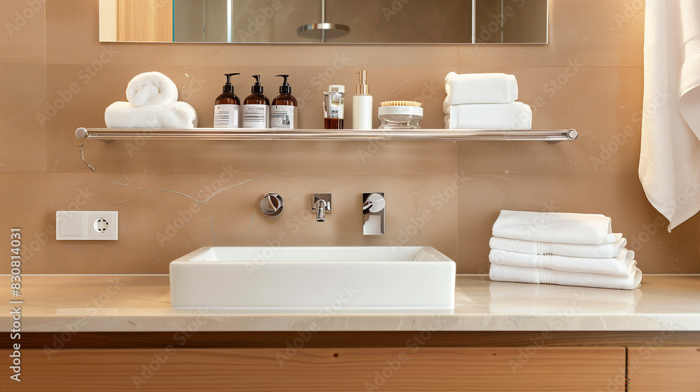 A modern washroom with sleek, floating wooden shelves above the vanity, neatly arranged towels and toiletries A modern washroom with sleek, floating wooden shelves above the vanity, neatly arranged towels and toiletries