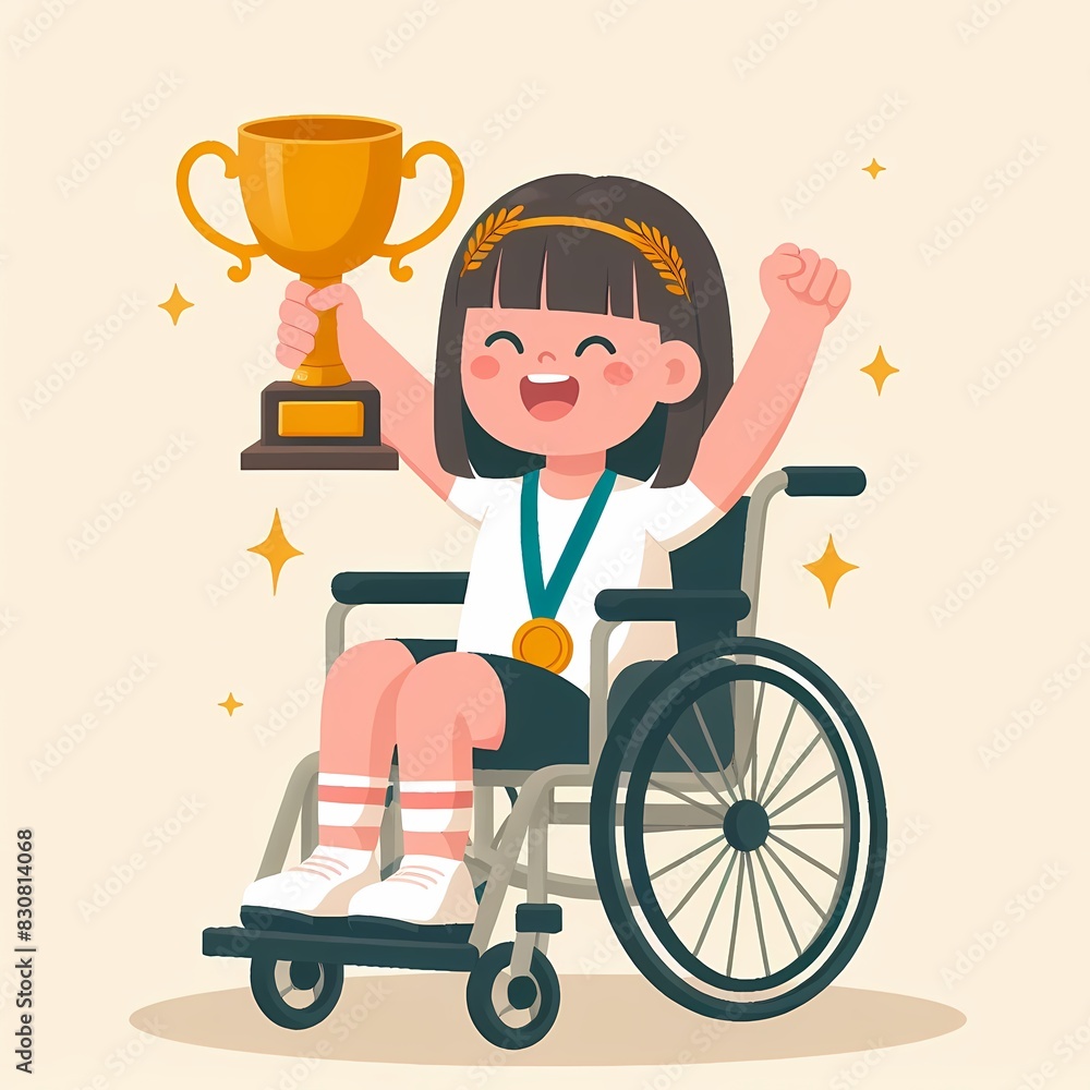 Champion Girl in Wheelchair Holding Trophy with Joyful Smile Champion Girl in Wheelchair Holding Trophy with Joyful Smile