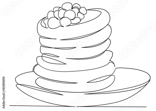one continuous drawn line of pancakes on plates syrup-drawn hand-drawn picture silhouette. Line art. carnival, pancakes