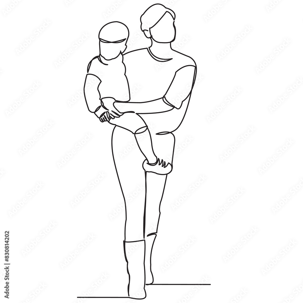 continuous single drawn one line with a child on hands painted by hand picture silhouette. Line art. character mommy with a baby in his arms for a walk continuous single drawn one line with a child on hands painted by hand picture silhouette. Line art. character mommy with a baby in his arms for a walk